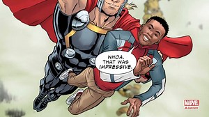 The Khaki Cape, aka Jake from State Farm, proves his worthiness to the God of Thunder in the next chapter of our Ultimate Comic! Stay tuned for Chapter 5 to see how our heroes celebrate a victory. | Marvel