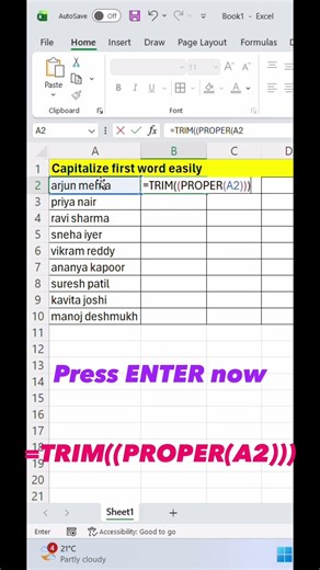 Capitalise first letter in Excel #excel #excelshortcuts #excel tips #capital