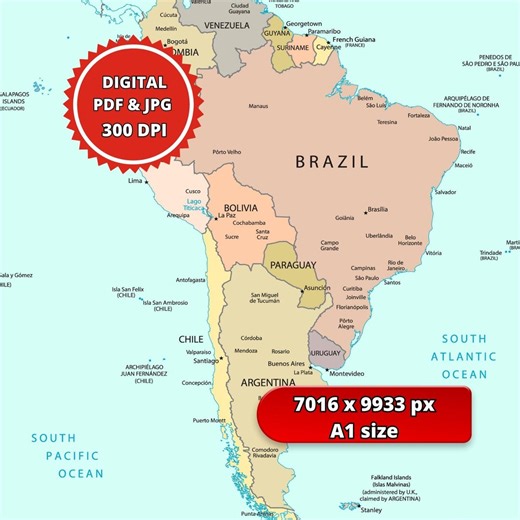 南米政治地図 – ニュートラルトーン、PDF & JPG 300 DPI (A1サイズ印刷可能) - Etsy 日本
