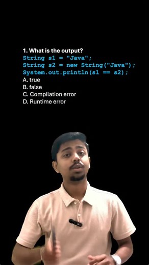 Engineering Marathi | Anurag Meshram on Instagram: "🧠 Java String MCQs 😈 | Most People Get This Wrong 1️⃣ “Java” vs new String(“Java”) → false ❌ 2️⃣ “Java” vs “Java” → true ✅ 3️⃣ new String(“Java”) → 2 objects 🤯 😳 One word: String Pool 💬 Comment your score: 0/3 | 1/3 | 2/3 | 3/3 👥 Tag a friend who still uses == for Strings 😅 ❤️ Save this for interview revision ➡️ Follow for daily Java MCQs & logic traps #JavaMCQs #JavaReels #StringPool #StringInJava #CodingReels #LearnJava #JavaInterview 