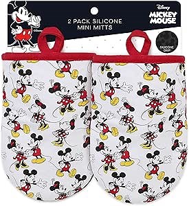 Disney Oven Mitts 2-Pack - 5.5” x 7.5” Heat-Resistant Mini Oven Mitts with Non-Slip Printed Silicone Disney Silhouettes - Pot Holders for Kitchen - Mickey & Minnie, Stitch, Winnie the Pooh