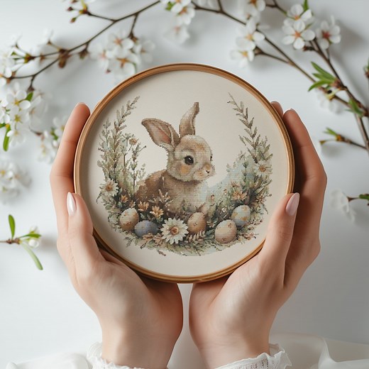 Cross Stitch Pattern With Easter Bunny, Modern Cross Stitch Designs, Easter Embroidery Pattern, Spring Cross Stitch Pattern, Floral Pattern - Etsy