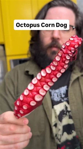 Takoyaki Corn Dog Recipe 🐙🌽🌭 Ingredients - Pre-cooked octopus tentacles - 1 Cup All Purpose Flour - 1 Cup Rice Flour - 1 packet Dashi Soup Powder - 2 Green Onions thinly sliced - 2 Tbsp pickled ginger finely chopped - Japanese Lager Beer (feel out how much to use) Toppings - Kewpie Mayo - Takoyaki Sauce - aonori (Seaweed Flakes) - Bonito Flakes Instructions - Skewer the octopus tentacles on thick wooden skewers - Bring a pot of oil (big enough to fit the full octopus skewer) to 350F - Mix all