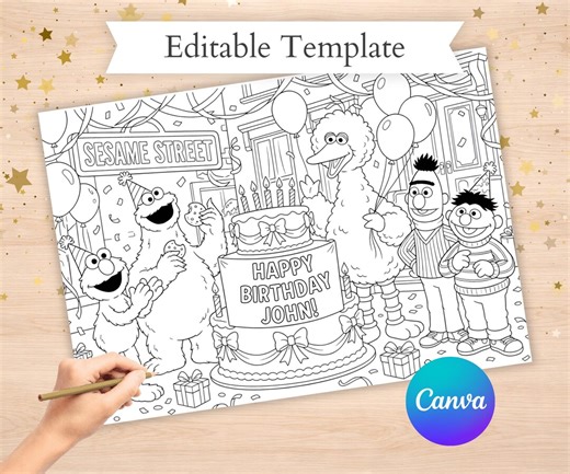Sesame Street Birthday Coloring Page Custom Digital Pages Elmo, Big Bird, Cookie Monster - Etsy