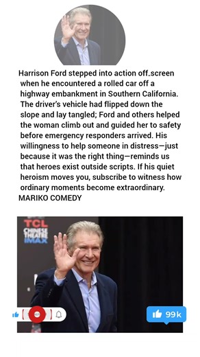 Harrison Ford stepped into action off‑screen when he encountered a rolled car off a highway embankme