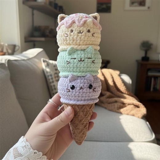 Cat Ice Cream Scoop Crochet Pattern, Neapolitan Cat Cone Amigurumi PDF, Stacking Cat Plushie Tutorial, Kawaii Food Crochet, Digital Download - Etsy
