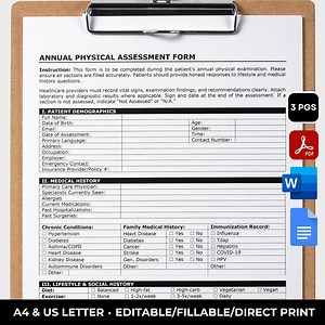 Annual Physical Assessment Form Template, Printable Health Assessment Template, Editable Nursing Assessment Checklist, PDF Word Google Docs - Etsy Australia