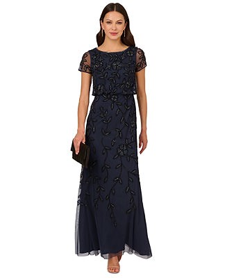 Adrianna Papell Petite Floral Beaded Blouson Short-Sleeve Gown - Macy's