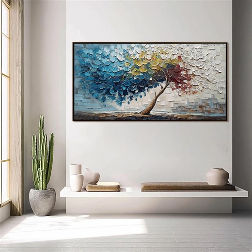 Colorful Slanted Tree Oil Painting, Abstract Textured Wall Art With Multicolor Leaves, Modern Landscape Canvas Decor for Living Room - Etsy