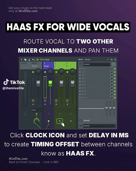 Learn how to use the Haas effect to widen your sound and create professional-quality mixes. Route vocals to two separate mixer channels, pan them hard left and right, then apply a slight delay using the clock icon. It's that simple! Enhance your tracks and stand out from the crowd.⁠ ⁠ #musicproduction #mixingtips #haaseffect #audiomixing #musicproducers #homestudio #audioengineering #sounddesign #producerlife #beatmakers