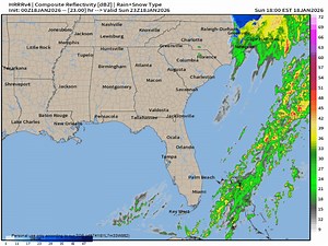 SNOW IN THE FORECAST TONIGHT!!!! Future radar loop from the HRRR showing this line of moisture moving into the lower SEAST with some of this rain turning into snow over night to impact portions of North FL and Southern GA. IF you get snow tonight...lets see those pics!!! | PC Weather Boy