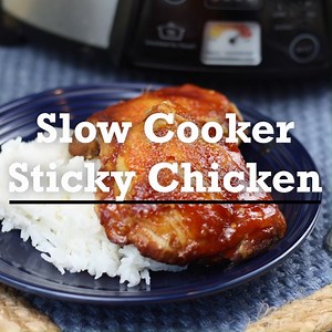 Slow Cooker Sticky Chicken 🥡 - easy and delicious! Ingredients: chicken thighs, brown sugar, tomato paste, garlic, ginger, soy sauce, served over cooked rice Full recipe info here 👉 https://www.mostlyhomemademom.com/slow-cooker-sticky-chicken/ | Mostly Homemade Mom