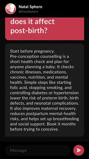 What is the importance of pre-conception counselling and how does it affect post-birth?
