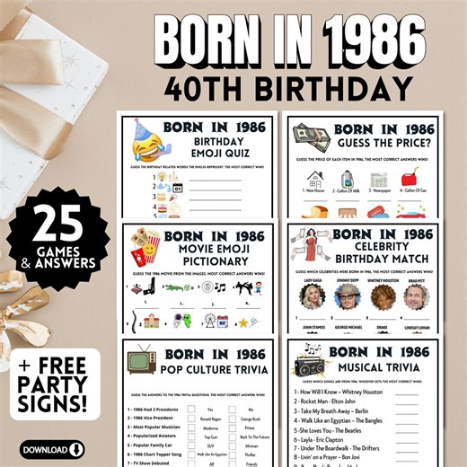 40th Birthday Games Born in 1986 | 25 Printable Adult Party Games | 1986 Trivia & Pop Culture | Men or Women 40th Party Signs - Etsy
