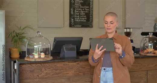 After entering coffee shop counter, woman in twenties checking tablet orders and viewing cupcakes