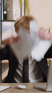 Mad angry businessman analyzing paperwork mistake throws paper bills stress deadline trouble | Premium Stock Video Footage