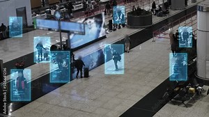 Facial recognition technology scan and detect people face for identification in crowded places. IOT CCTV, security camera motion detection system recognizes and identifies people using big data and AI