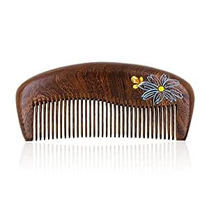 Mandala Crafts Wooden Comb – Blue Flower Rosewood Static-Reducing Design Wood Comb – Wooden Wide Tooth Hair Comb for Men Women Straight Curly Hair Detangling Beard