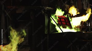 Molten copper, Matte smelting, Byproduct metals. Smelting copper at metallurgical plant, melting gases as evaporation takes place, color is rich and intense, copper production at metallurgical plant