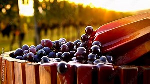 Close-up of dark grapes being pressed in a traditional wooden press with vineyard background at sunset. Wine making process.