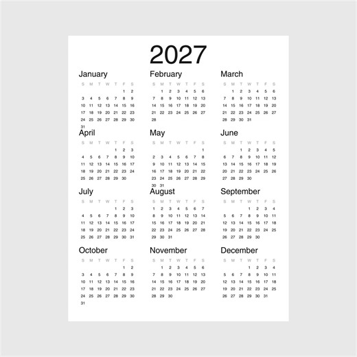 2027 Year at a Glance Calendar Printable | Full Year One Page | A4, A3, US Letter, Tabloid | PDF Download | Minimalist Monday & Sunday Start - Etsy