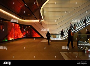 In the on the pedestrian passage from Wynyard train station to Barangaroo, Sydney is a wide-screen public art, video installation 'Wynscreen' Stock Photo - Alamy