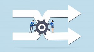 Download Change management, 4k animation of businessman staff team helps turn gear to control arrows of change of direction. for free