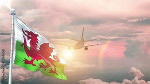 Wales flag Waving Realistic With Sky Plane Takes Off At Sunrise