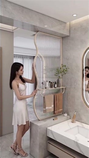 part 57.Elegant Curved Bathroom Partition with Mirror & Storage ✨ #Shorts