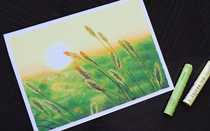 【油画棒】油画棒绘画温暖而舒适的芦苇田