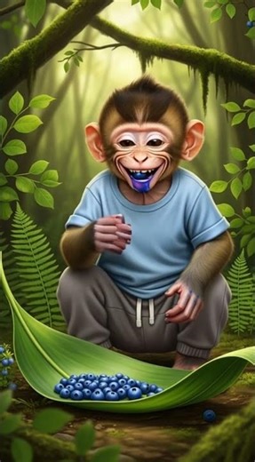 Close-Up Scene! Baby Monkey Creatively Uses a Leaf to Eat Blueberries – Unbelievable!