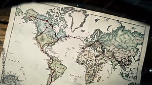 Antique world map, red path showing a route across all continents Stock Video