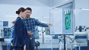 Busy Diverse Team of Computer Engineers and Specialists Gather Around Conference Table, They Discuss Project Drafts and Blueprints, Find Problem Solutions. Electronic Technology Factory Meeting Room