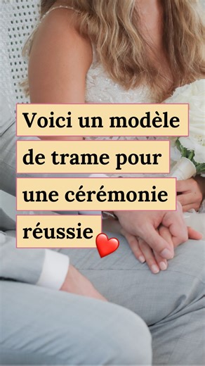 Idée de déroulé, ici 🔥 Mais juste avant... N’oublie pas de t’abonner pour ne rien manquer des prochaines idées, conseils et inspirations pour ta cérémonie de mariage 😍 👉 Mots de bienvenue ≈ 1 minute 👉 Procession d’entrée ≈ 3 minutes 👉 Gratitude et/ou hommage ≈ 1 minute 👉 Récit ≈ 18 minutes (divisé en deux ou trois parties selon le nombre d’interventions et/ou lectures) 👉 Interventions de proches (ou lectures) qui viennent ponctuer le récit ≈ 6 minutes 👉 Rituel(s) ≈ 5 minutes 👉 Échange d