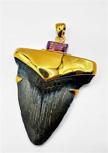 Megalodon Shark Tooth Pendant: 24K Gold Plated Sterling Silver, Amethyst Accent - Etsy