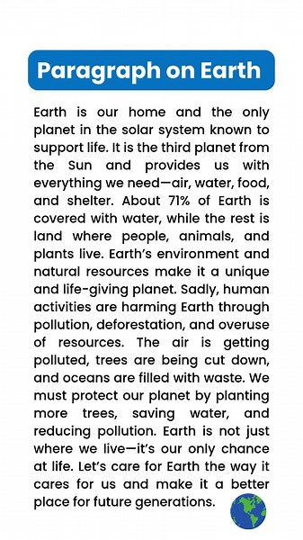 Earth | Essay on Earth | Paragraph Writing | Speech in English | Save Earth