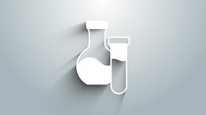 White Test tube and flask chemical laboratory test icon isolated on grey background. Laboratory glassware sign. 4K Video motion graphic animation.