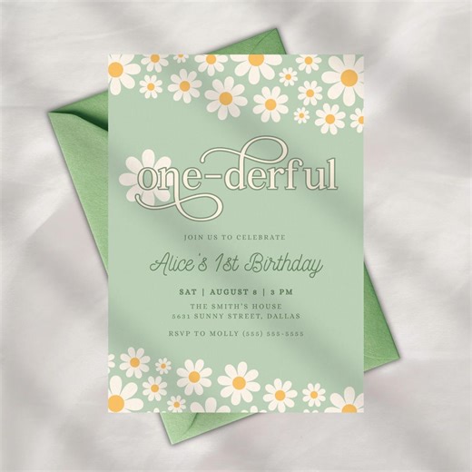 One-derful Birthday Invitation Canva Template, Sage Green Daisy First Birthday Invite, Editable Floral Girl Invitation - Etsy