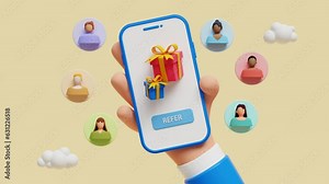 Smartphone with gift boxes and referening friends concept. Referral system, refer friend, making money recommending new group 3d style. Referral marketing program. Group customers. 3d loop animation
