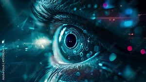 Close up of a contact lens on a human eyeball that is overlaying augmented reality information in a heads up display