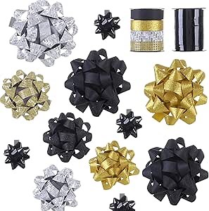18 Pcs Gift Bows Assortment - 3 Size Gift Bows and 2 Crimped Curling Ribbons, Perfect for Christmas, Holiday，Birthdays, Weddings, Baby/Bridal Showers, Party