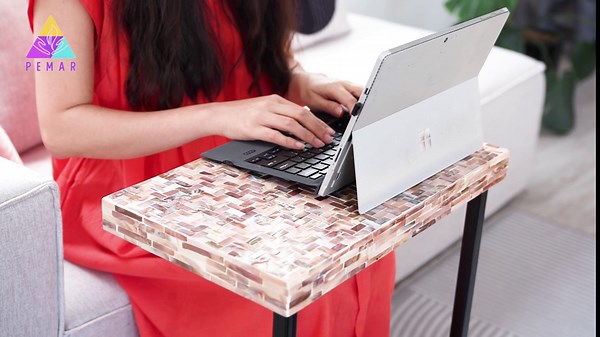 PEMAR Mother of Pearl C-Shaped End Table C Side Table Bedside Table with Metal Frame for Sofa Couch, Snack and Bed Capiz Shell Lacquer Desktop C Table (Brown)