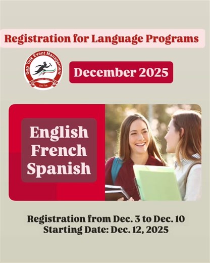 Gap Talk Event Management Inc. on Instagram: "Registration for Language Programs English, French, Spanish December 2025 . CELPIP, IELTS, PTE, TEF, TCF . ✨Language Programs for Immigration ✨Language Programs for University Admissions ✨Language Programs for Enhancing Communication Skills . Registration from Dec.3 to Dec.10 Starting Date: Dec. 12, 2025 . Contact us: DM 👇🏻 @gap_talk 📞 +1 647 719 5009 . #celpip #ielts #pte #french #languagelearning"