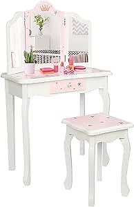 Kids Vanity Set with Tri-Folding Mirror, Girls Vanity Table and Chair Set, Makeup Dressing Table with 1 Drawer, Princess Vanity Table Kids Desk with Stool, 2 in 1 Kids Makeup Vanity Set for Girls