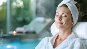 Middleaged woman in white bathrobe radiating joy enjoys spa treatments. Concept Spa Day, Middle-aged Woman, White Bathrobe, Joyful, Wellness Stock Video