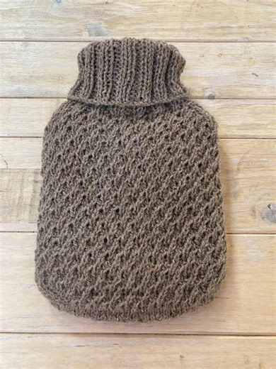 Tan ripple hot water bottle cover knit with 100% llama wool