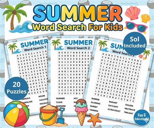 Summer Word Search for Kids, 20 Puzzles, Beach & Sea Animals, Solutions Included, Instant Download - Etsy UK
