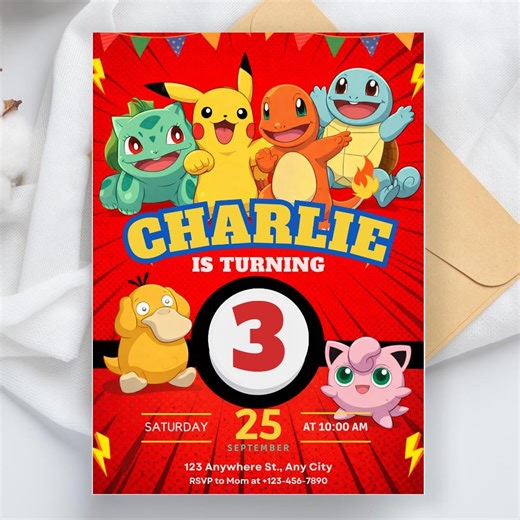 Editable Pokemon Invitation, Pokemon Birthday Invitation, Printable Birthday Party Invitations, Digital Bday Party Invite Template - Etsy