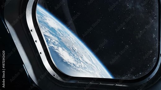 Space seen through spacecraft observation window 4K video. Perspective from inside a spacecraft window revealing the vastness of space beyond.