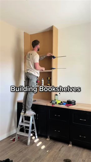 Wait til you see this painted! The carcasses will all be painted black to match the cabinets which will make the white oak shelves pop! Step by step, we custom fit to any size you want. Send us a DM if you’re interested in a quote for your office, or any other room in your house! (Arizona only) #officedesign #howto #inspo #designideas #builtin